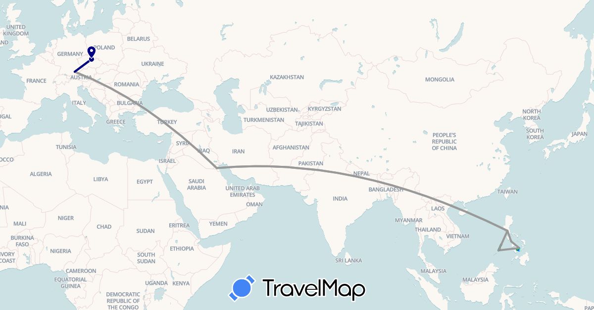 TravelMap itinerary: driving, bus, plane, boat in Czech Republic, Germany, Kuwait, Philippines (Asia, Europe)